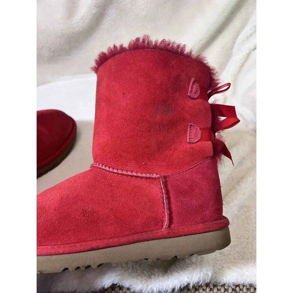 UGG Fuchsia pink Bailey Bows Boot Sz 4 Colorblock Suede Sheepskin Lined Boho